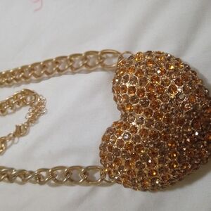 Gold Heart Pendant Necklace with Rhinestone Embellishments NWOT